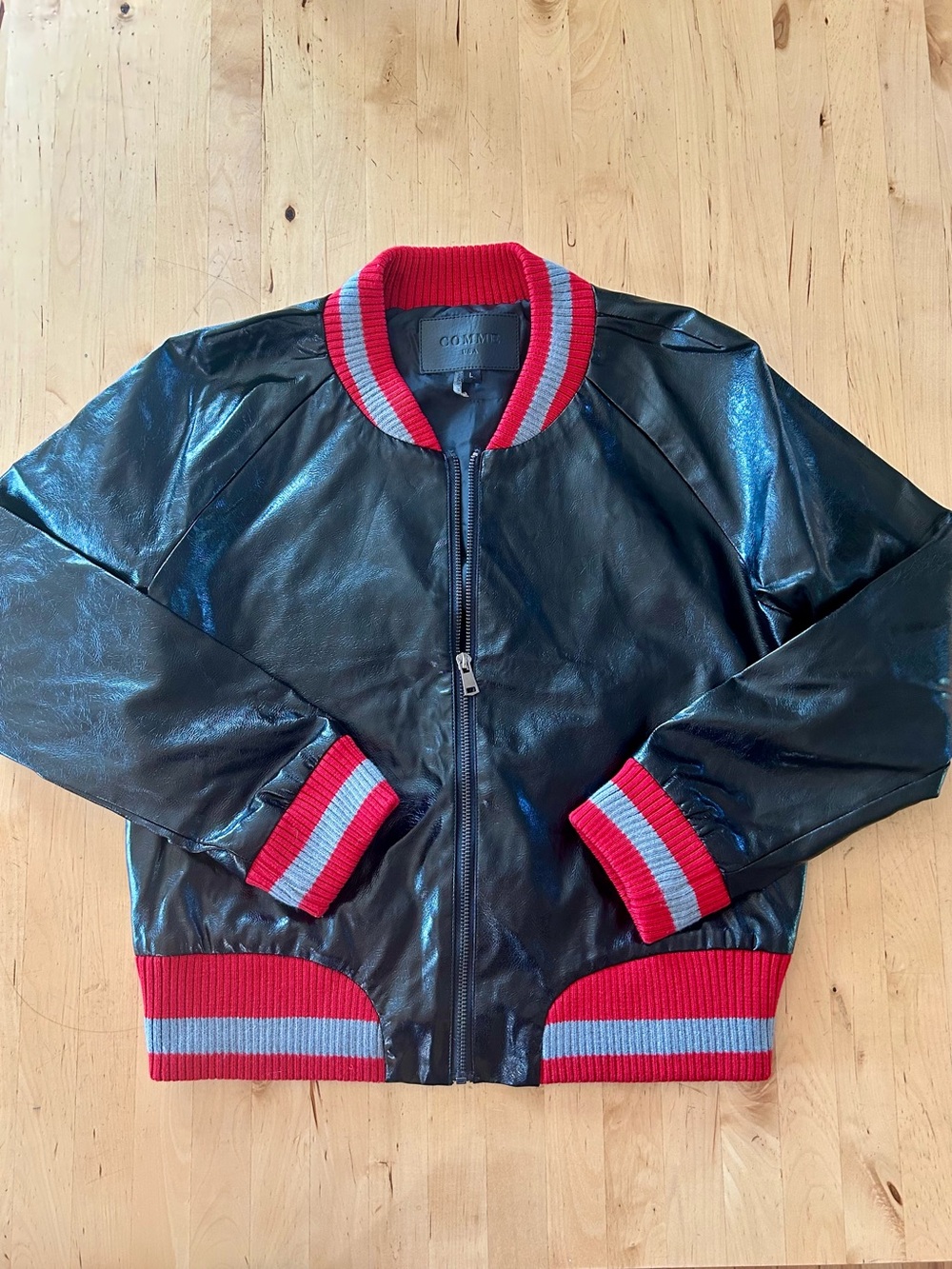 COMME USA Faux Leather Bomber Jacket Black Red Ribbed Trim L